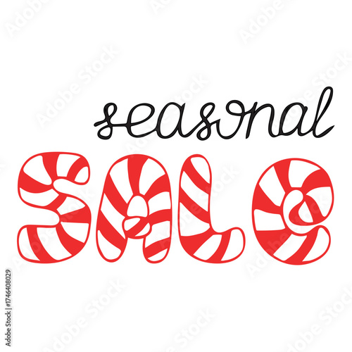 Seasonal sale hand drawn lettering with red candy stripe design. Holiday typography for Christmas discount, winter promotion, store banner or festive marketing.