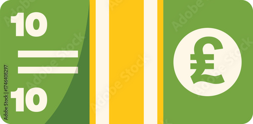 Green and gold ten pound banknote with pound symbol representing the currency of the united kingdom