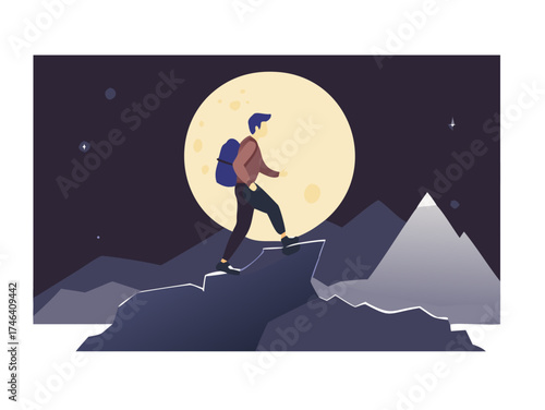 Man walks on rocky mountain. Full moon

