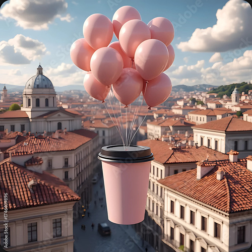 Pink balloons floating from coffee cup above city skyline  