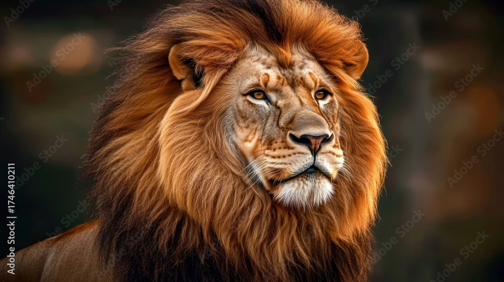 Obraz premium Majestic lion portrait, African savanna, sunset, wildlife photography, nature