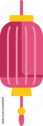 Cylindrical pink paper lantern with golden details, hanging and celebrating lunar new year