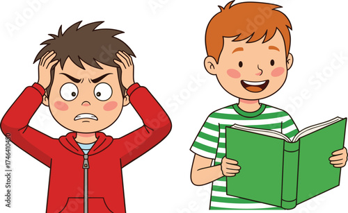 Stressed boy holding head, frustrated student in red hoodie, happy boy reading book, smiling child learning, education contrast, emotions, childhood