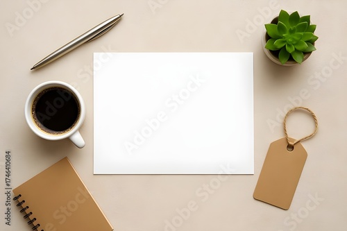 Flat lay with coffee cup, notebook, and blank card on beige desk
