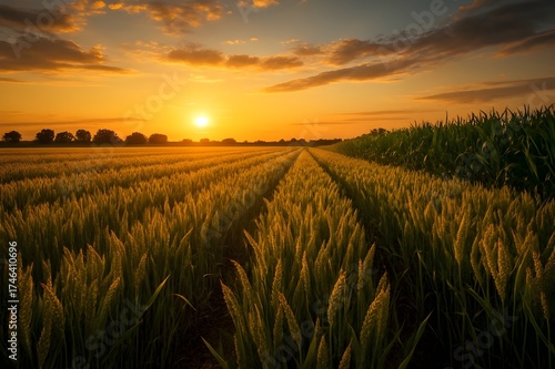 Golden wheat field at sunset agriculture landscape