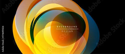 Abstract colorful layers create dynamic oval shape. Bright gradients, smooth transitions, modern design elements present.