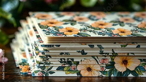 A stack of floral invitation cards rests on a table, ready for a special occasion.
