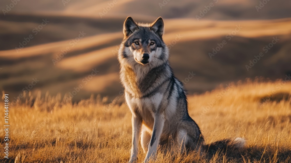 Fototapeta premium Majestic wolf sitting in golden sunset grasslands