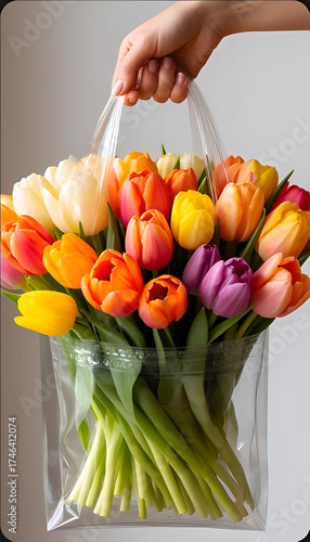 Vibrant tulip bouquet being held in transparent bag indoors  