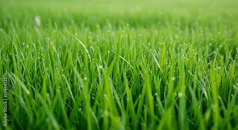 Fototapeta premium Vibrant Green Field: A close-up perspective reveals a lush, expansive green field, with blades of grass glistening with tiny droplets. The image showcases the raw beauty of nature.