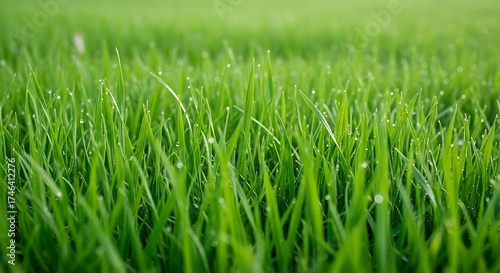 Vibrant Green Field: A close-up perspective reveals a lush, expansive green field, with blades of grass glistening with tiny droplets. The image showcases the raw beauty of nature.