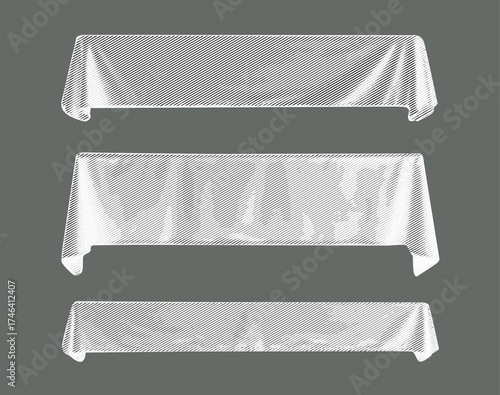Vintage draped fabric mockup – white halftone tablecloth vector set with diagonal hatching texture.