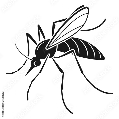Stylized black and white mosquito illustration on a dark background