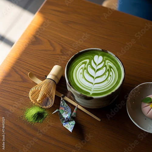 Matcha Latte Art with Bamboo Whisk and Origami Crane on Wooden Table.