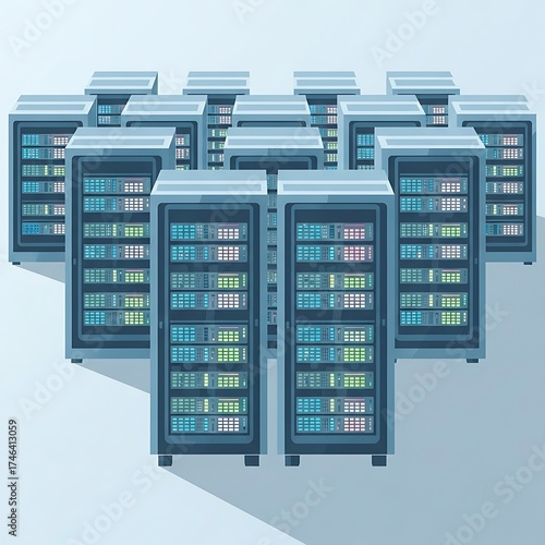 Modern Data Center Server Racks Network Infrastructure Illustration.
