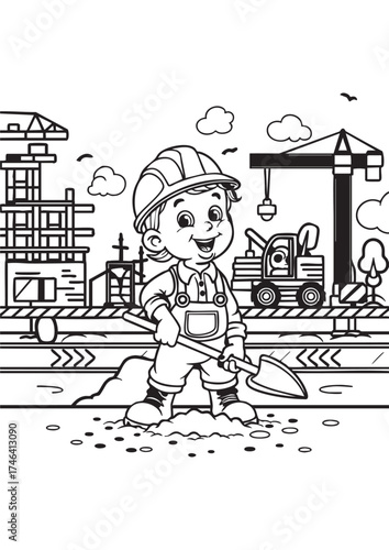 Cartoon child at construction site with shovel and machinery in black and white line art