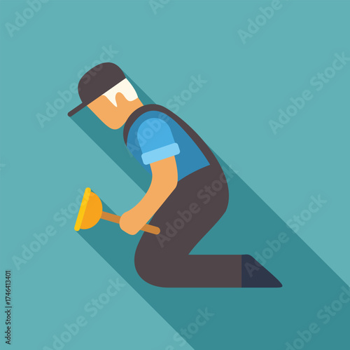 Plumber kneeling and using plunger, providing professional plumbing services for drain cleaning and maintenance