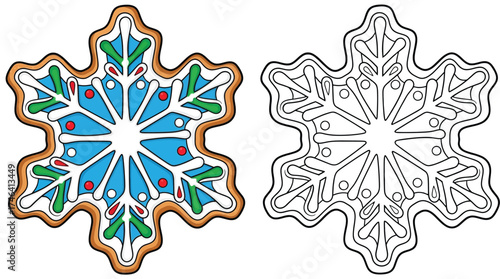 Delicious Gingerbread Snowflake Cookie with Icing - A Festive Holiday Treat and Outline for Coloring
