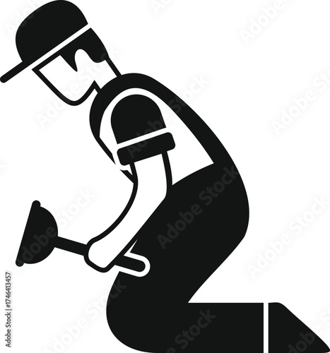 Plumber working, using plunger to fix clogged pipes, providing plumbing services for residential or commercial property