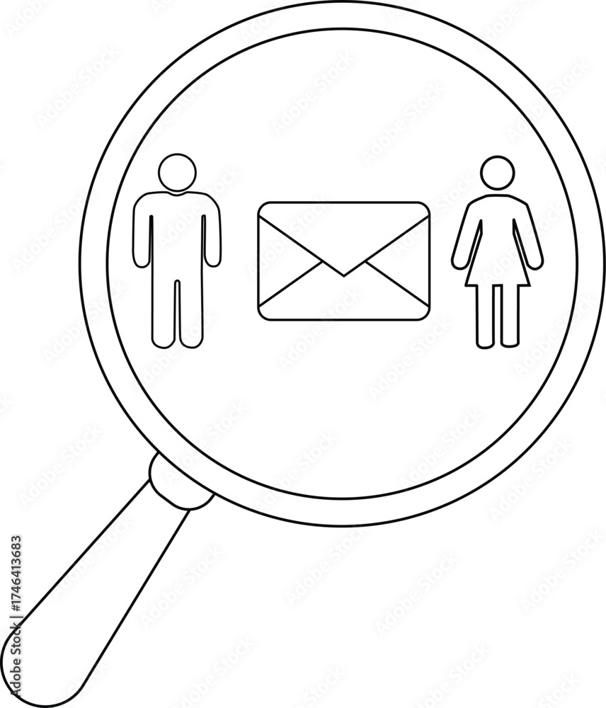© Gantar - A magnifying glass encloses a male figure an envelope and a female figure