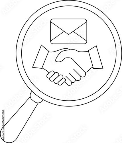 A magnifying glass encircles a handshake beneath a floating envelope