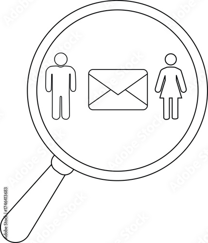 A magnifying glass encloses a male figure an envelope and a female figure