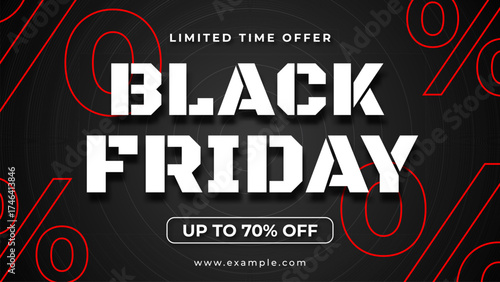 Online Shopping Black Friday Discount Banner for Web and Mobile Advertising Campaigns. Clean digital Black Friday banner designed for online shopping platforms and app promotions with modern visuals.