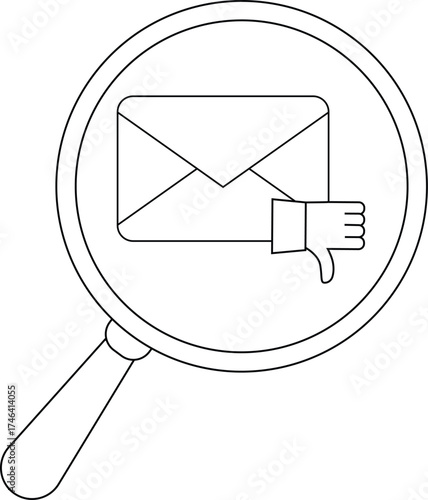 A magnifying glass focuses on an email icon with a thumbsdown gesture next to it