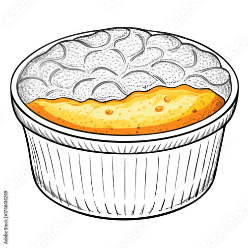 Baked souffle in ramekin with fluffy top and golden interior  