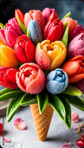 Colorful tulip bouquet arranged in cone on a textured background  