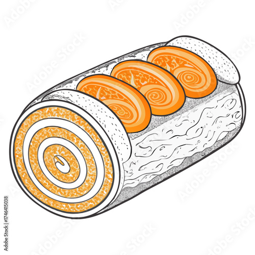 Orange Swiss roll dessert with cream filling and spiral design  