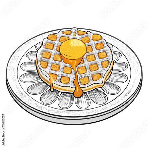 Waffle topped with a runny egg yolk on a decorative plate  
