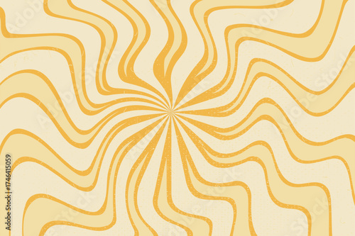 Groovy rough starburst background with dust and scratched paper texture. Retro spiral yellow sun rays abstract distressed illustration. Vector wavy decoration. Radial stripes vintage backdrop.