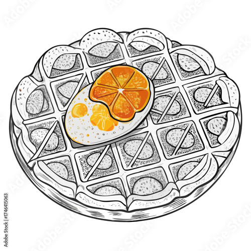 Waffle topped with orange slices and creamy yogurt on white background  