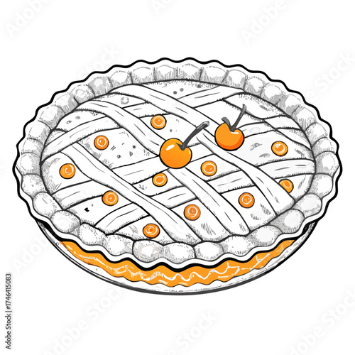Whole cherry pie with decorative crust and cherries on top  