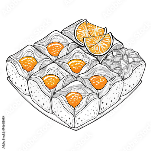 Colorful baklava dessert with orange slices on decorative plate  