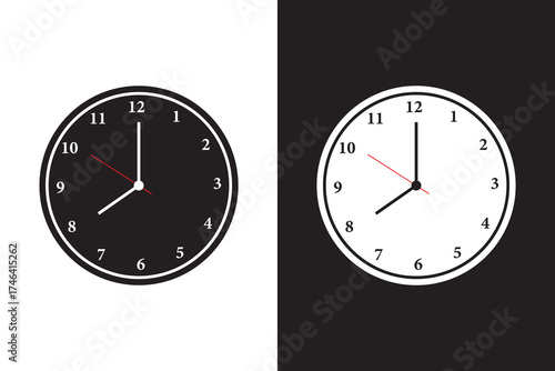 Black and white wall clock icons, vector illustration of analog timepieces, modern round clock designs.