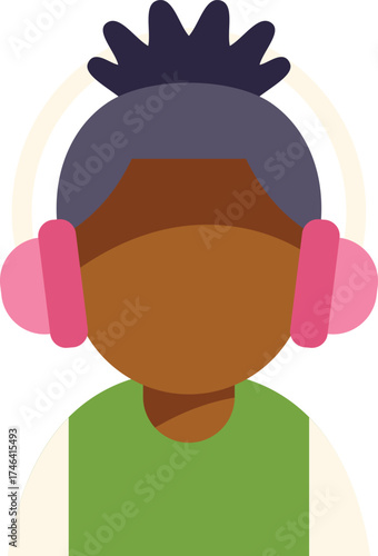 Faceless young man enjoying music with pink headphones, wearing a green shirt, embodying a sense of relaxation and auditory pleasure