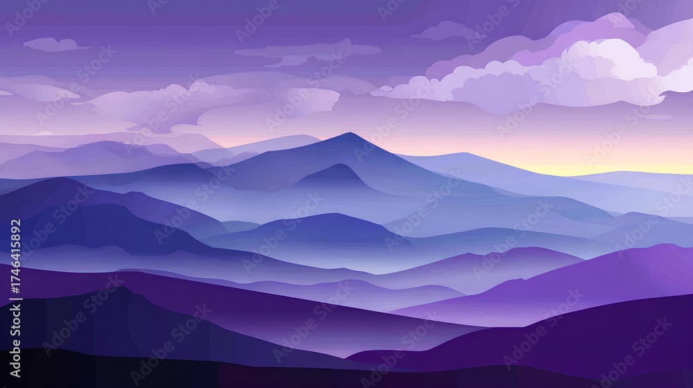 Fototapeta premium Abstract landscape illustration featuring layered mountains in shades of purple and blue, with soft clouds and a gradient sky, creating a serene and tranquil atmosphere for design purposes