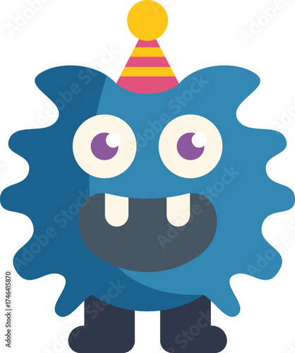 Playful blue monster wearing party hat, celebrating a special occasion with a cheerful smile