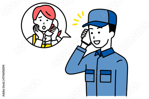 電話相談に対応するつなぎ作業服の男性