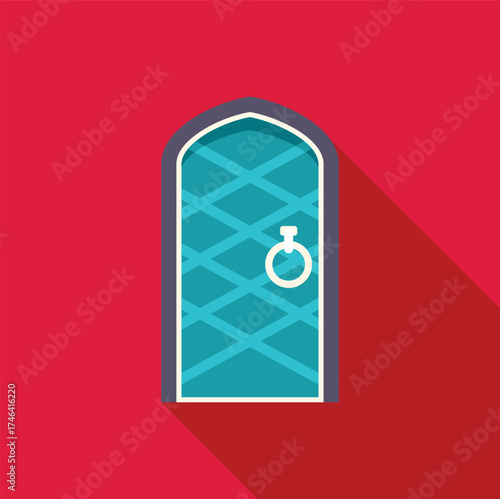 Arched medieval door with metal decoration and round handle casting a long shadow on a red background
