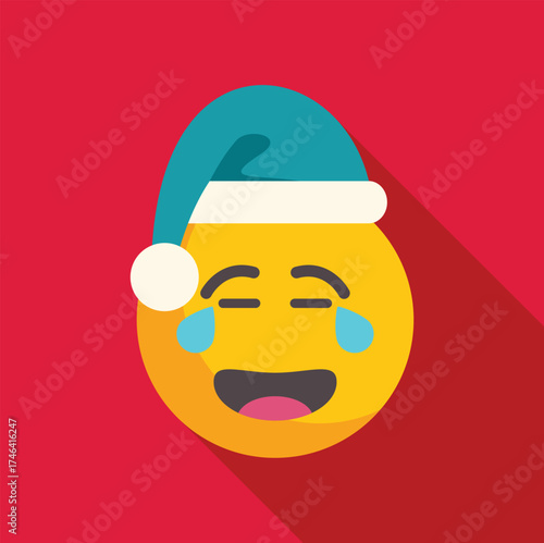 Yellow christmas emoji wearing santa claus hat is crying with laughter on red background