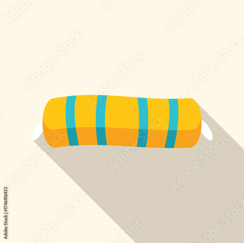 Yellow inflatable mattress with blue stripes floating on water surface with long shadow, summer vacation concept
