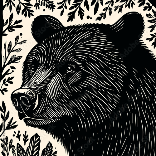Woodcut linocut black on white illustration of a bear