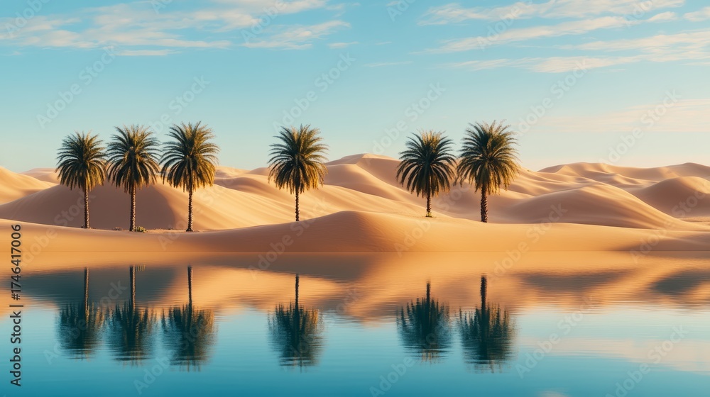 Obraz premium This stunning image depicts a serene oasis with tall palm trees reflecting in calm waters, surrounded by soft golden sand dunes under a clear blue sky.
