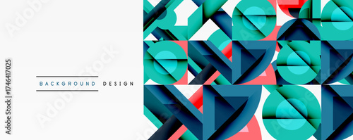 Abstract geometric shapes create vibrant background. Blue, teal, pink hues dominate design. Clean lines, modern aesthetic.