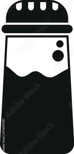 Simple black glyph icon of a half full salt shaker with domed lid, representing cooking and seasoning