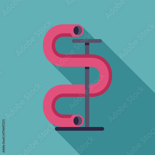 Pink playground slide forming an s shape on a turquoise background with a long shadow, representing fun and recreation