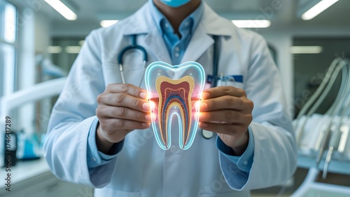 Doctor holding a  dental stethoscope, Modern Dental Technology Concept  Dentist Holding a 3D Holographic Tooth Model for Oral Health and Root Canal Care